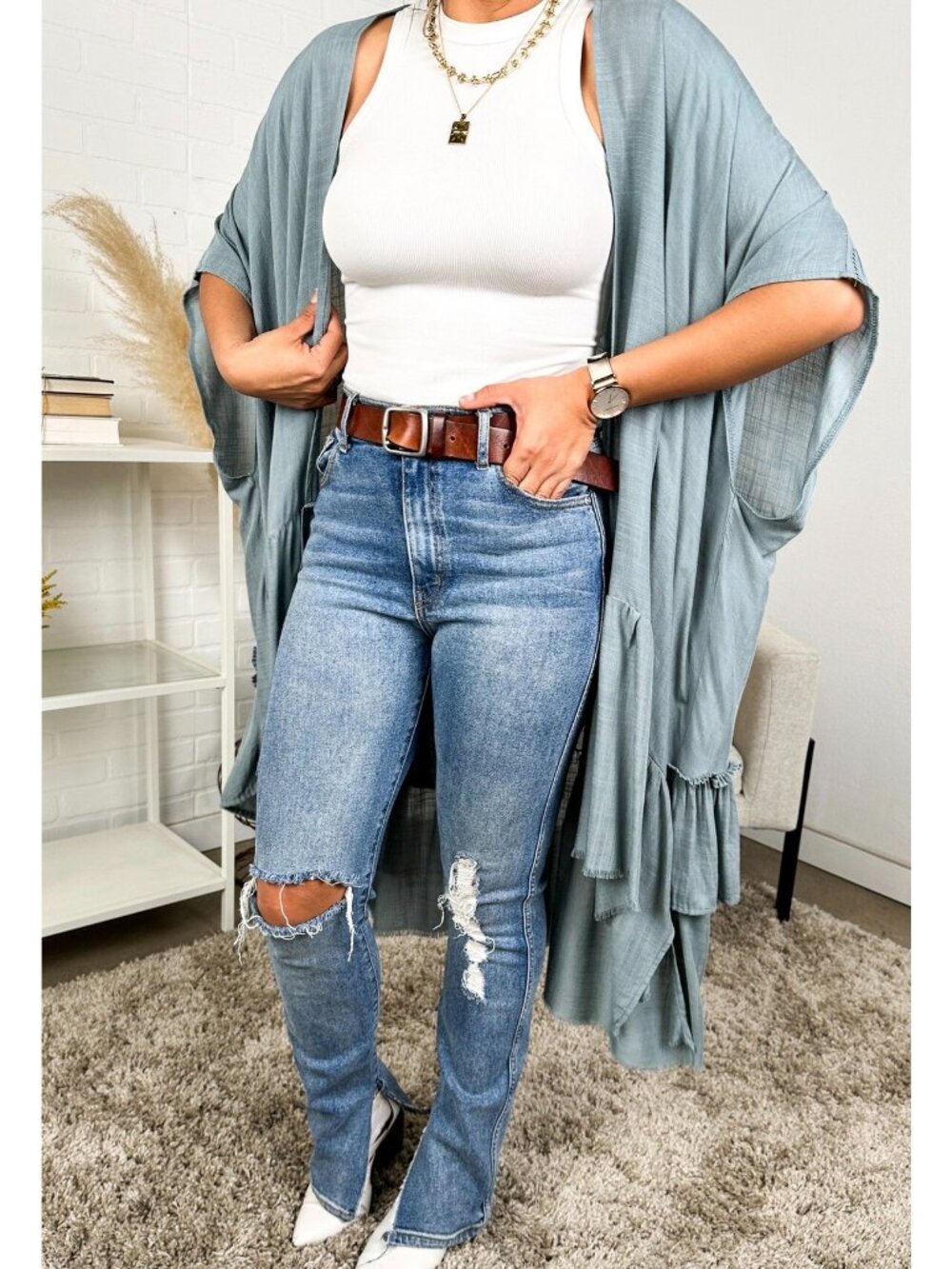 Open Front Kimono Cardigan Duster With Ruffle Hem Dusty Blue One Size